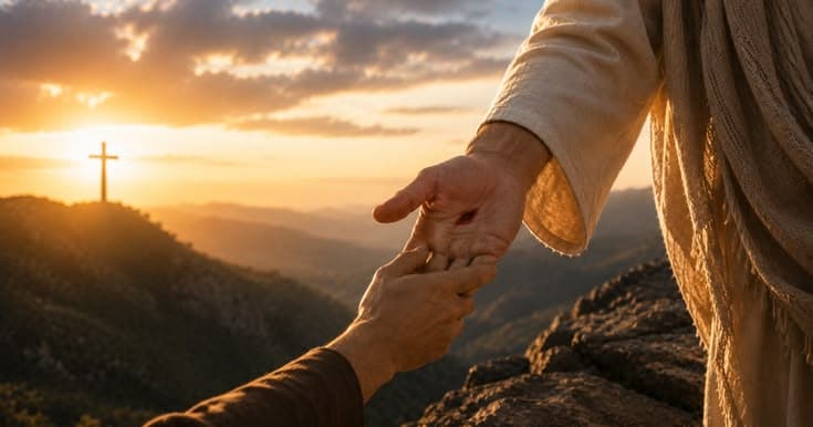 One person reaching down to help another beside a cross at sunset