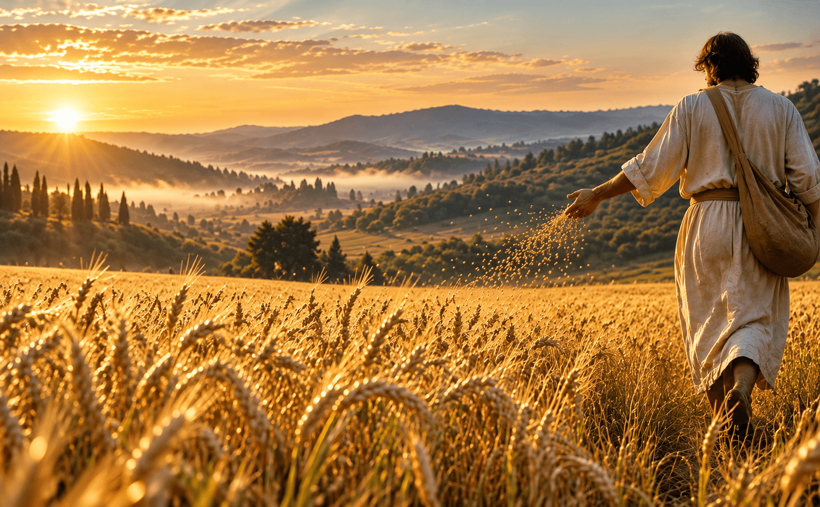 A robed figure scattering seeds across a sunlit field