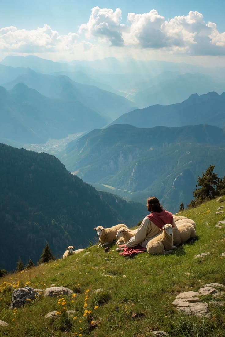 A shepherd resting with sheep overlooking a mountain valley