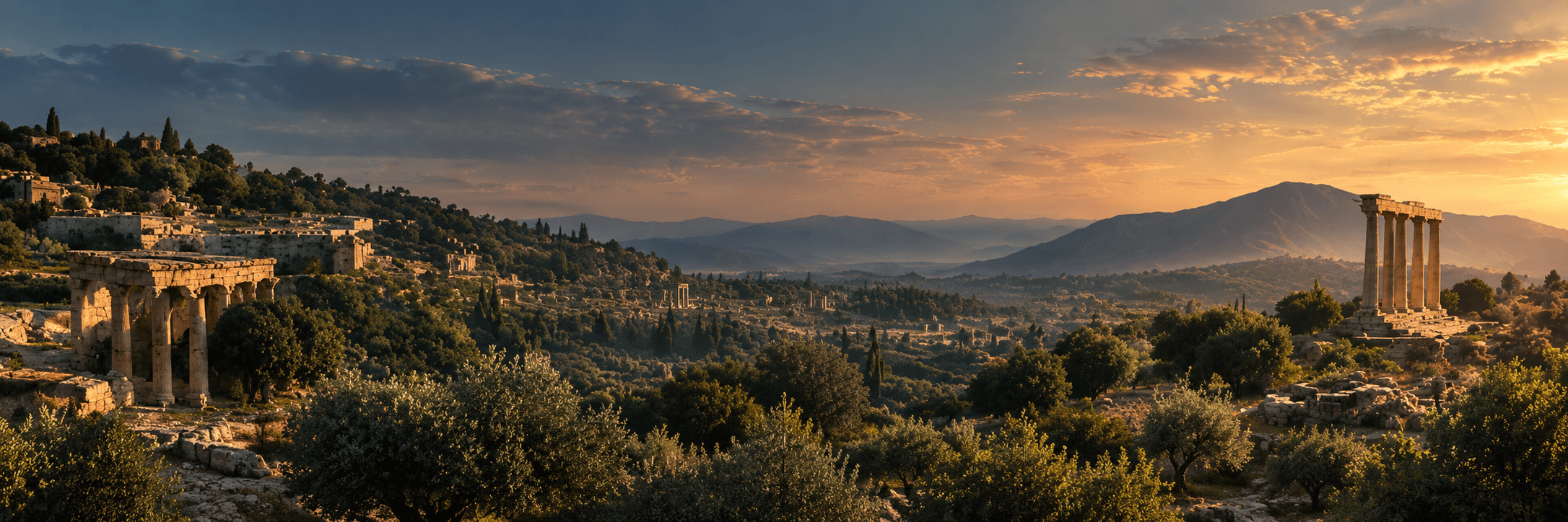 Ancient ruins overlooking a valley at golden hour